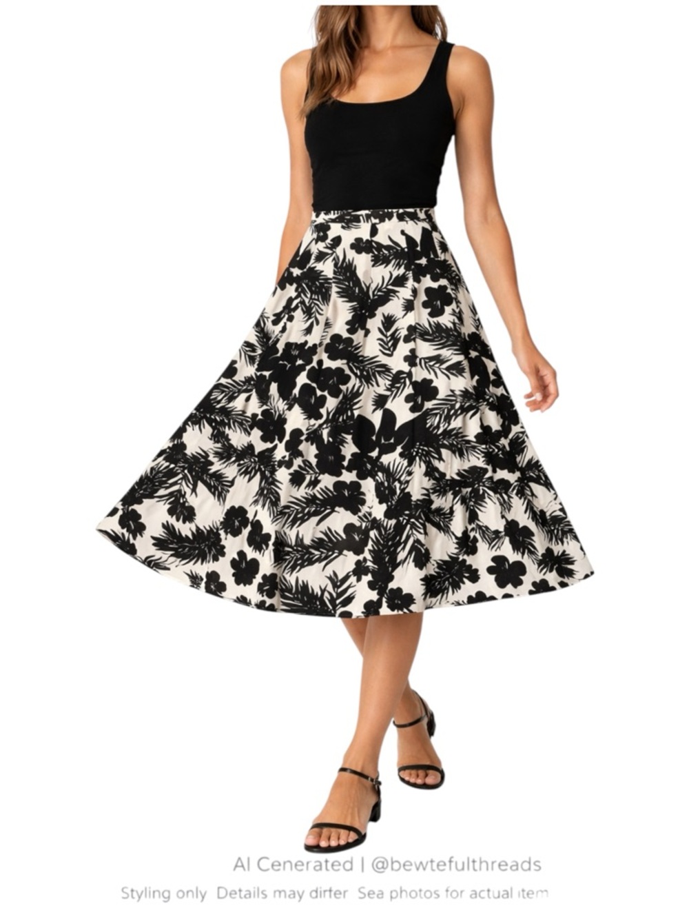 Black White Floral A-Line Midi Skirt Small Coastal Resort Chic